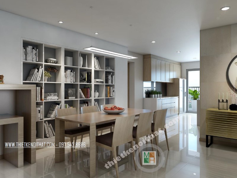 Thiết kế bàn ăn gỗ công nghiệp mang tông màu veneer nâu sữa phù hợp với phong cách thiết kế của căn nhà. Mẫu bàn ăn hiện đại cho chung cư