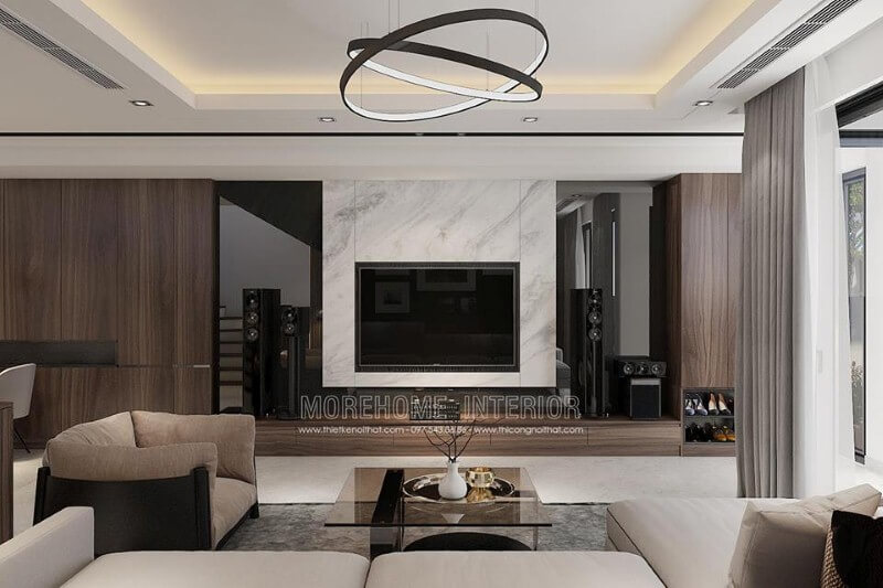 Đá ốp granite sẽ độc đáo hơn nết kết hợp vật liệu ốp phòng khách tối màu. Thiết kế phòng khách nhà phố