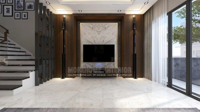 Mẫu đá ốp tường đối vân đẹp, sang trọng dành cho không gian phòng khách biệt thự hiện đại cao cấp.