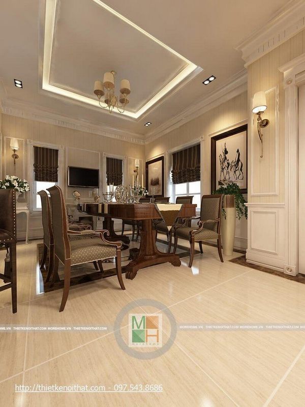 Mẫu bàn ăn 6 ghế, gỗ tự nhiên cao cấp với thiết kế tân cổ điển tạo không gian sang trọng cho phòng ăn Mẫu bàn ăn đẹp MoreHome